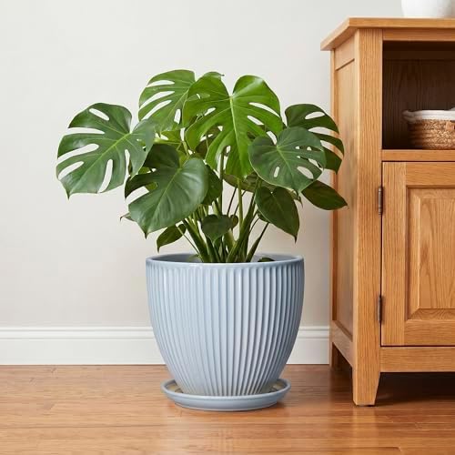 10 Inch Pots for Plants, Ceramic Plant Pots with Drainage Hole and Saucer, Modern Flower Pots for Indoor Plants, Decorative Large Planter, Entryway Decor, Gardening Gifts, Light Blue - Image 6
