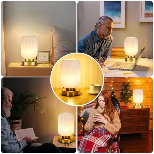 Mid Century Modern Table Lamp with Milk White Ribbed Glass Shade,Touch Control & 3 Way Dimmable, Small Gold, Vintage Bedside Lamp for Bedroom, Living Room,Office (Bulb Included) - Image 6