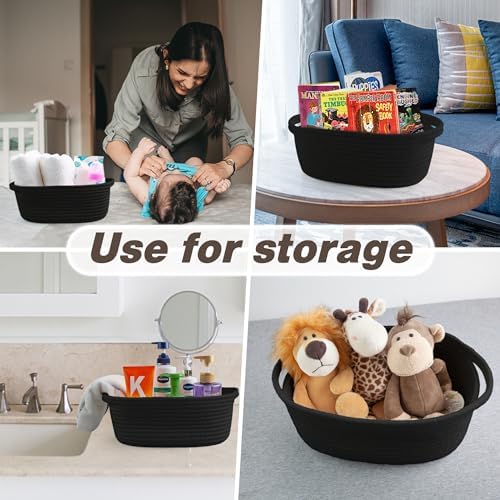 Pro Goleem Small Woven Basket with Gift Bags and Ribbons Durable Baskets for Gifts Empty Small Rope Basket for Storage 12"X 8" X 5" Baby Toy Basket with Handles, Black - Image 5
