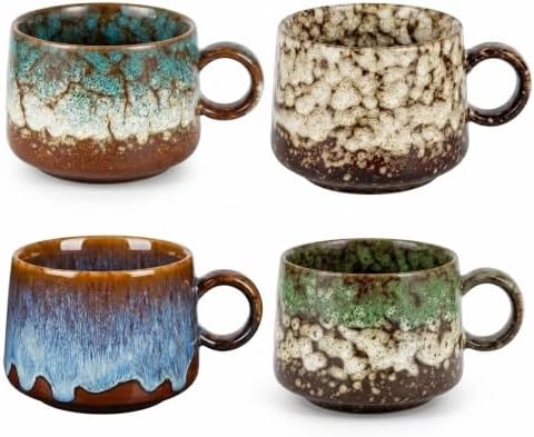 Japanese Tea Cups Set of 4pcs, 7oz Elegant Ceramic Matcha Cups with Flat Base, Darker Coffee Mugs,teacup with handle Microwave & Dishwasher Safe 4 color by Unknown