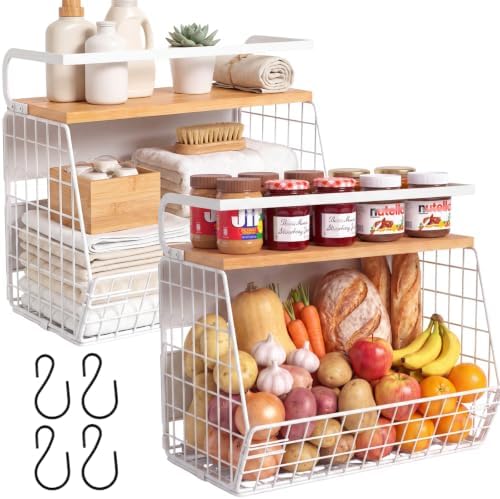 Ofiray-home Magnetic Fridge Shelf with Wood Lid, Fruit Potato Onion Storage Bins, Pantry Organizers, Large Container Spice Rack for Refrigerator, Kitchen Counter, Cabinet (2, White) by Ofiray-home