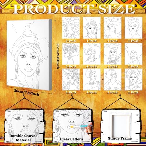 Motipuns 12 Set Afro Queen Pre Drawn Canvas for Paint for Adults - Image 2