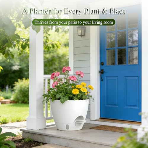 Plant Pots, 1 Pack 12 Inch Self Watering Pots with Drainage Holes, Water Level Indicator Deep Reservoir, Large Planters for Indoor Outdoor Plants - White - Image 7