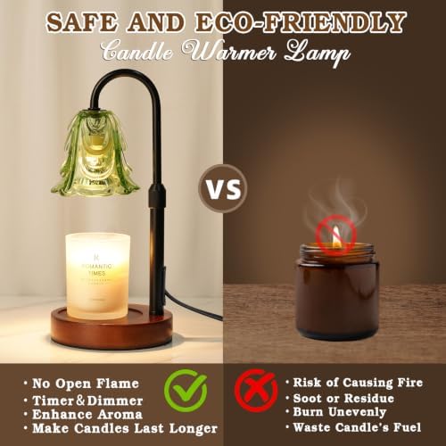 Small Candle Warmer Lamp with Timer, Adjustable Green Lamp Warmer for Jar Candles, Christmas Birthday Gifts for Women Mom Her, Unique Dimmable Candle Heater, Cute Wax Warming Light with Wood Base - Image 4