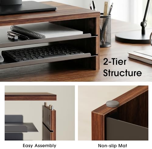 Fenge 14.3-Inch Monitor Stand with Slide-Out Trays, Wood & Metal Desk Shelf - Image 3