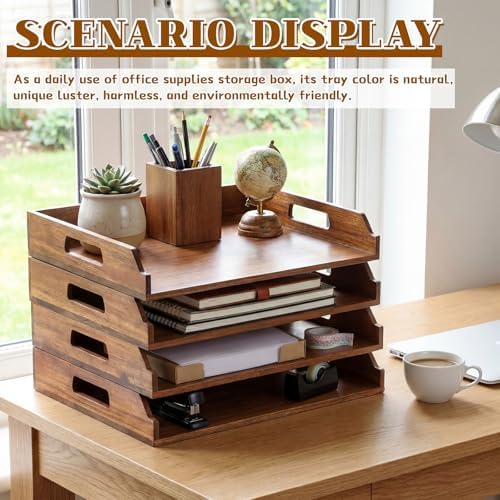 AceOrbit 4 Pcs Stackable Paper Tray Acacia Wood Desk Organizer Letter Tray - Image 5