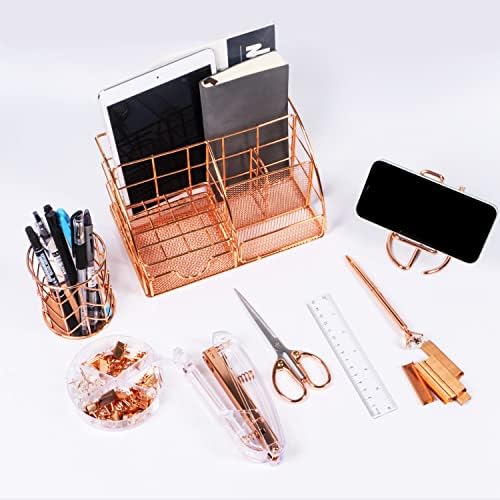 KAAKOW Rose Gold Desk Organizers and Accessories Office Supplies Set Stapler, Pen Holder, Phone Holder, Scissors, Pen, Ruler, 30 Paper Clips, 22 Binder Clip, 20 Tacks and 1000pcs Staples - Image 6
