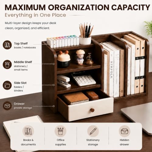 Desktop Organizer with Drawer & Dual File Compartments, Multi-Functional MDF Desk Storage Rack with 3-Tier Shelves and Pen Holder, Space Saving Desk Organizer 22.0×10.6×6.7 Inch for Study Room - Image 3