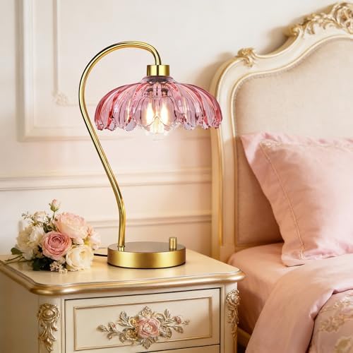ILLMTW Flower Table Lamp for Bedroom Living Room,Pink Small Bedside Lamps Dimmable Boho Gold Bedroom Lamp with Glass Lamp Shade,Vintage Mid Century Modern Mini Nightstand Lamp - Image 7