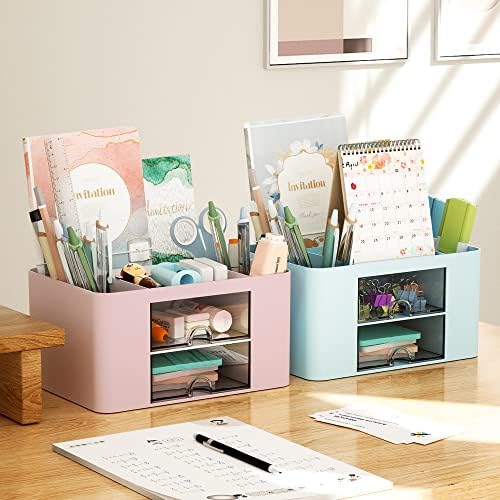 Marbrasse Pen Organizer with 2 Drawer, Multi-Functional Pencil Holder for Desk, Desk Organizers and Accessories with 5 Compartments + Drawer for Office Art Supplies (Pink) - Image 5
