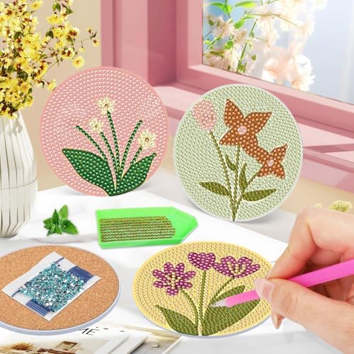 DOTSOPS 6 Pack Flower Diamond Art Coasters with Holder for Adults 4 in - Image 4
