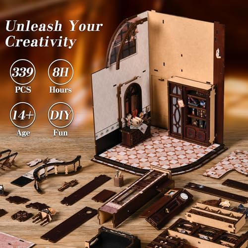 DIY Miniature House Kit, 3D Wooden Puzzle for Adults, Book Nook Kit with Touch LED Light, Library Bookshelf Insert, Creative Hobby Craft Gift for Bibliophiles (Bacchus Bookstore) - Image 3