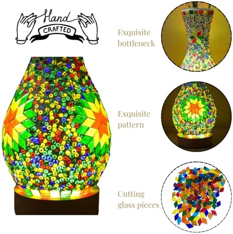 Mosaic Vase Lamp, Turkish Table Lamp with Wood Base, USB LED - Image 4