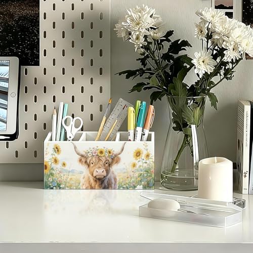 Highland Cow Floral Pen Pencil Holder for Desk, Highland Cow Gifts, Western Office Decor, Rustic Western Cattle Farm Animal Wooden Box Sign Decorations for Home Office Desk Tabletop - Image 2