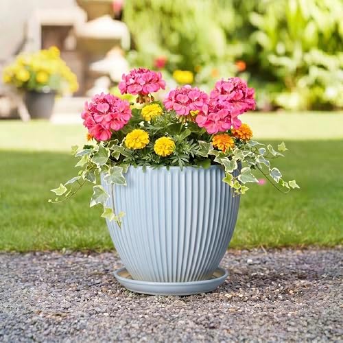 10 Inch Pots for Plants, Ceramic Plant Pots with Drainage Hole and Saucer, Modern Flower Pots for Indoor Plants, Decorative Large Planter, Entryway Decor, Gardening Gifts, Light Blue - Image 5