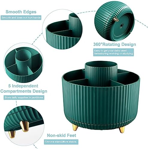 Cayxenful Pencil Holder For Desk,5 Slots 360°Degree Rotating Desk Organizers And Accessories,Desktop Storage Stationery Supplies Organizer, Cute Pencil Cup Pot For Office, School, Home (A-Green) - Image 2
