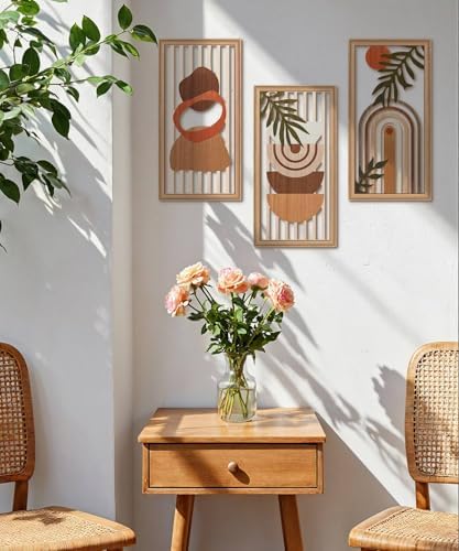 Putuo Decor Boho Wall Art Set of 3, Modern Minimalist Wooden Wall Decor, Abstract Aesthetic Room Decorations, Mid-Century Modern Artwork for Living Room, Bedroom, Office Orange 16.5 x 8.6 inch - Image 5