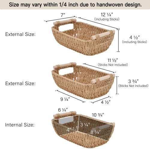 StorageWorks Hand-Woven Small Wicker Baskets, Round Paper Rope Storage Baskets with Wooden Handles, Light Brown, 2-Pack - Image 2