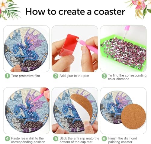 NEGEKFKX 8 Pcs Dragon Book Diamond Art Painting Coasters Kits, Coaster with Holder for Adults, Non-Slip DIY Dot Paint Craft Kits,5D Full Drill DIY Diamond Dot Gem Art Kit Home Decor Arts Craft - Image 5