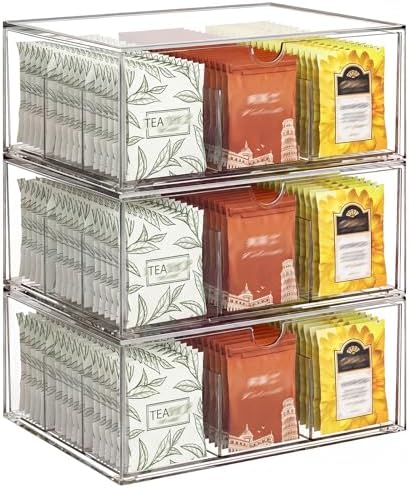 3 Pack Clear Tea Bag Organizer Drawer, Stackable Tea Storage Chest with Dividers for Kitchen, Pantry, Bathroom, Vanity, Countertop – Multi-Purpose Coffee, Cosmetic, Jewelry, Craft Acrylic Storage Bins by Jywantful