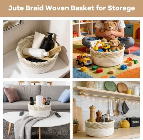 Small Cotton Rope Storage Basket, Boho Cotton Rope Storage Bins for Towel,Pet Kids Toy, Round Jute-Colored Woven Basket, Empty Gift Basket, 8 x 8 x 4 - Image 6
