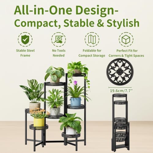 7 Tier Large Metal Plant Stand Indoor Outdoor with 7.9 Inch Wide Tray, Tiered Corner Plant Stand, Flower Display Holder Shelf, Folding Tall Rack for Patio Porch Balcony Living Room Garden - BlackWave - Image 5