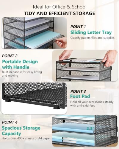 WALI Desk File Organizer, 8 Tier Desktop Paper Letter Tray Organizer with Handle, Office Desk Accessories & Workspace Organizers for Office, Home, School Supplies, 1 Pack, Black - Image 4
