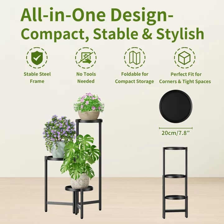 3 Tier Large Plant Stand Indoor with 7.9 Inch Wide Tray, Tiered Corner Metal Outdoor Flower Holder Stand, Folding Tall Rack for Display Shelf for Patio Porch Balcony - BlackDisk - Image 5