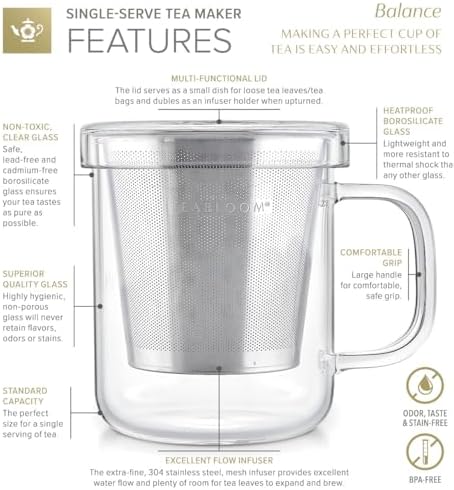 Teabloom Premium Borosilicate Glass Mug with Stainless Steel Loose Leaf Tea Infuser and Lid/Dish - 8 Ounces (240 mL) - Image 4