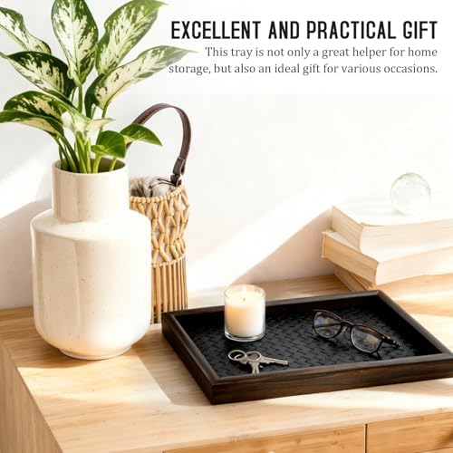 Wooden Valet Tray Desk Organizer with Leather Base,Nightstand, Entryway Bedside Dump Holder for Wallets, Keys, Watches, Jewelry & Sunglasses - Image 6