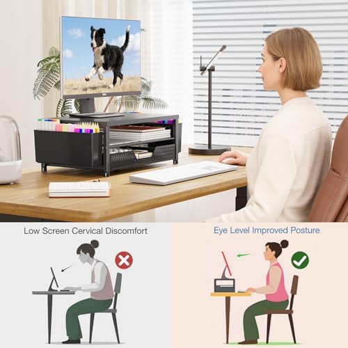 OPNICE Desk Organizers and Accessories, Computer Monitor Stand Riser with Drawer and 2 Pen Holders, Printer & Laptop Stand, Office Desk Accessories & Workspace Organizers for Home Office Supplies, Black 2-Pack - Image 7