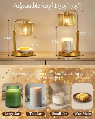 Candle Warmer Lamp, Timer Dimmable Candle Lamp, Adjustable Height and Brightness Gold Candle Warmer, Boho Rattan Lampshade and 2 Bulbs, Suitable for Home Decor, Birthday Gifts for Women Mom - Image 6