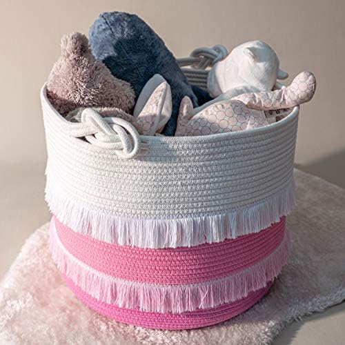 CherryNow 45L Woven Rope Baby Basket with Tassel, 16" x 13", Pink - Image 5