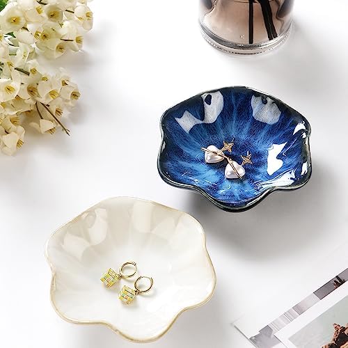 2PCS Lotus Leaf Shape Ring Holder Dish, Small Key Bowl, Ceramic Trinket Tray Jewelry Dish Organizing Necklace Earrings for Mom Friend Sister, All Jewelries Are NOT Included.White+Deep Blue. - Image 2