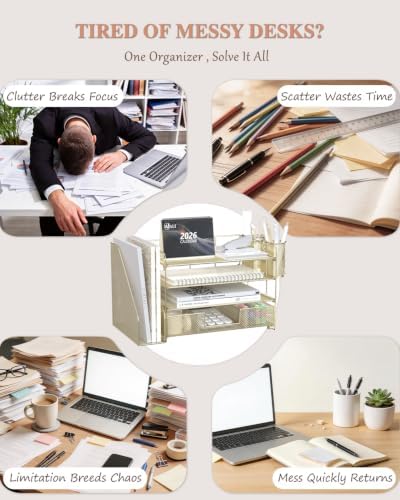 WALI Desk File Organizer, 4 Tier Desktop Paper Letter Tray Organizer with Drawer and 2 Pen Holders, Office Desk Accessories & Workspace Organizers for Office, Home, School Supplies, 1 Pack, Gold - Image 2