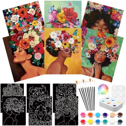 Ctosree 6 Pack Pre Drawn Canvas Painting Kit 8x10 Stretched, Black Girl by Ctosree