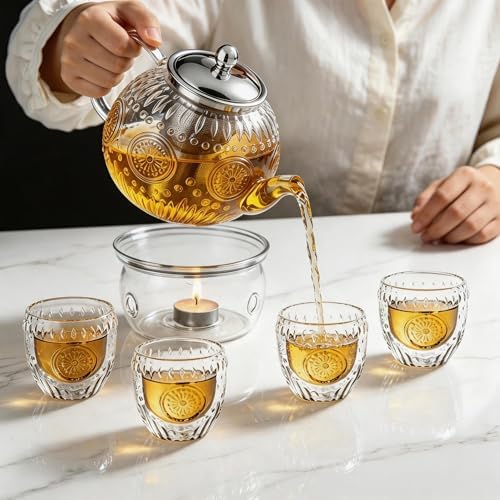 Amzcku 50OZ/1500ml Vintage Glass Teapot Set with 4 Cups, Teapot Set with Removable Infuser Stovetop Safe, Borosilicate Glass Tea Kettle for Blooming & Loose Leaf Tea - Image 5