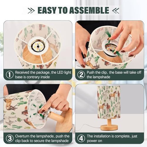 Fustylead Various Horses and Cactus Watercolor Bedside Table Lamps with USB Port for Bedroom Lamp Table Lamp Small Nightstand Lamp Linen Shade Wooden Base Decorative Lamps for Kids|Reading|Dorm|Home - Image 6