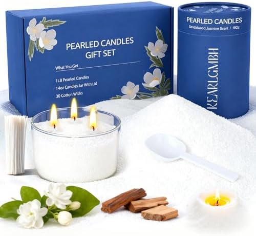 Sand Candle Making Kit - 1 lb Pearled Candle Sand and Wicks, Sand Wax Beads with Jasmine Sandalwood Scent, Lidded Large Glass Jar, 100-Hour Burn, Candles Making Christmas Gift for Adults & Beginners by KEARLGMBH