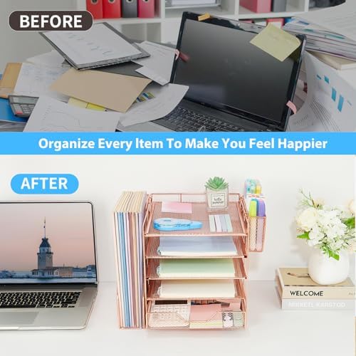 5-Tier Desk File Organizer with Drawer & Pen Holder (Rose Gold) - Image 4
