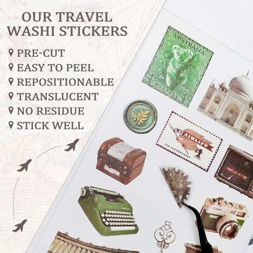 Bomichi Travel Sticker Book, 32 Sheets 377 Pcs Vintage Aesthetics Stickers & 20 Sheets Washi Paper for Journaling Scrapbooking Bullet Journals Planners Letter Card Making - Image 5