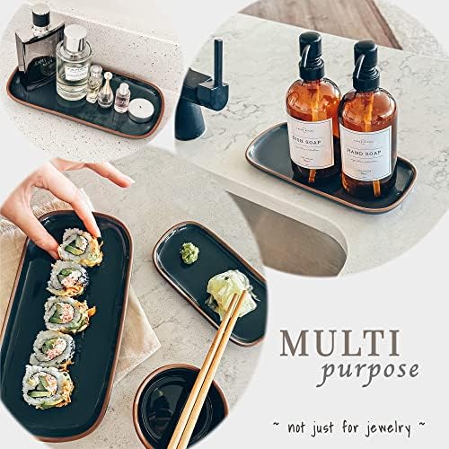 Mora Ceramic Decorative Tray - Rectangle 10in Dish for Jewelry, Soap Dispenser, Perfume, Makeup, Accessories, Candle, in the Bathroom Vanity, Bedside, or Kitchen Counter. Cute Organizers - Black - Image 5
