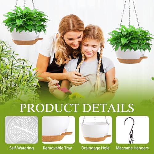 10 Inch Hanging Baskets 2 PC with Chains, Self-Watering Hanging Planters for Indoor Outdoor Plants, Plastic Hanging Flower Pots,White Brown - Image 3