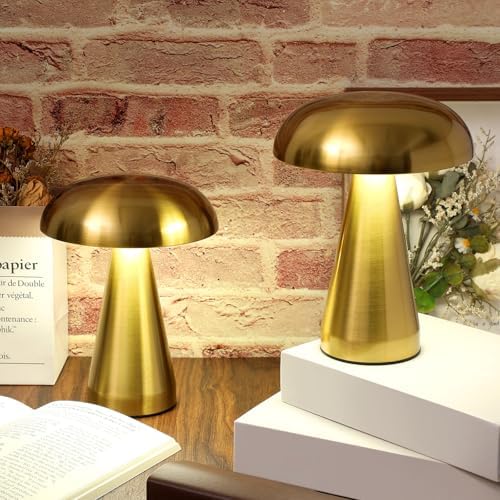 VIHOSE 2 Sets Cordless Lamp Gold, LED Mushroom Metal Table Lamps by VIHOSE