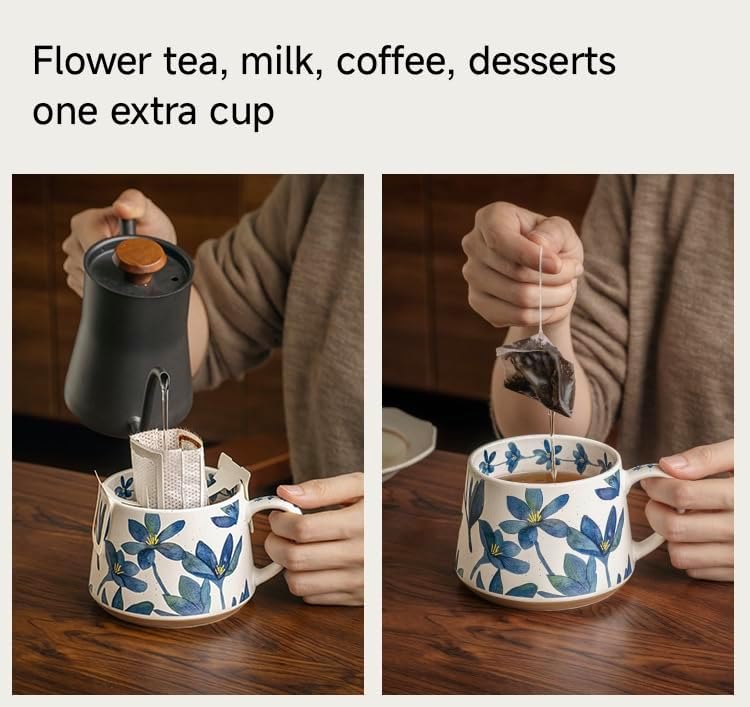 14OZ Ceramic Latte Mug, Cute Misty Blue Flower Coffee Mug For Women, Retro Floral Cup For Green Tea OR Coffee,Hand Painted Floral Design Pottery Cute Mug - Image 7