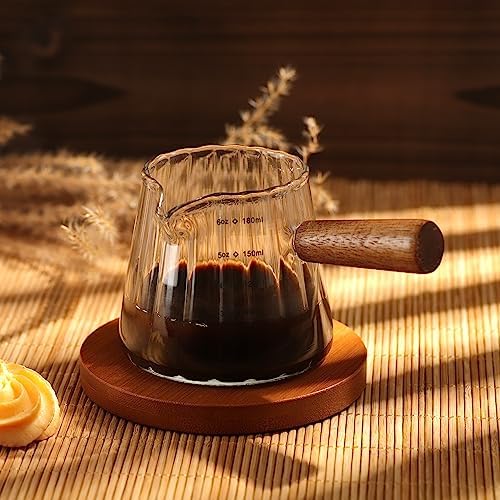 Joeyan 6 oz Glass Measuring Cups with Spout,Borosilicate Glass Triple Pitcher with Scale,Origami Style Espresso Shot Glasses with Wood Handle for Coffee Milk,Dishwasher Safe - Image 2