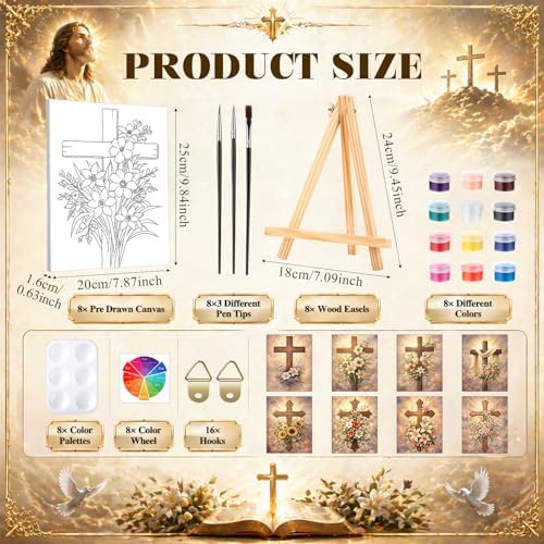 8 Sets 8" x 10" Cross and Flowers Pre Drawn Canvas for Painting for Sip and Paint Party Religious Floral Predrawn Coloring Set Pre Sketched Canvas Boards with Paints and Brushes for Adult - Image 2
