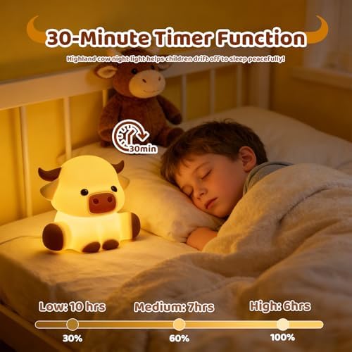 Cute Highland Cow Rechargeable Night Light, LED Touch Silicone Lamp for Bedroom with 7 Colors Timer and Dimmable Squishy Warm Night Lights, Novelty Animal Lamp for Nursery Birthday Gift - Image 2