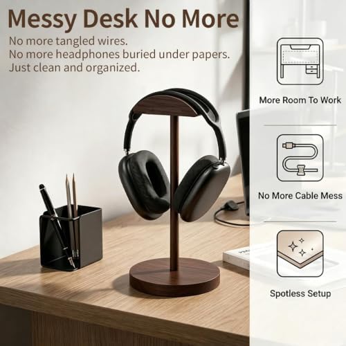 Headphone Stand Nature Wood Headset Hanger Mount Hook Gaming Holder Desktop Earphone Artful Functional Stand for All Headsets with Solid Wooden Base - Image 3