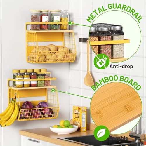 Magnetic Shelf for Fridge with Wood Lid, Fruit Potato and Onion Storage Bins, Pantry Organizers & Storage, Large Container Magnetic Spice Rack for Refrigerator, Kitchen Counter, Cabinet (Yellow, 2) - Image 2